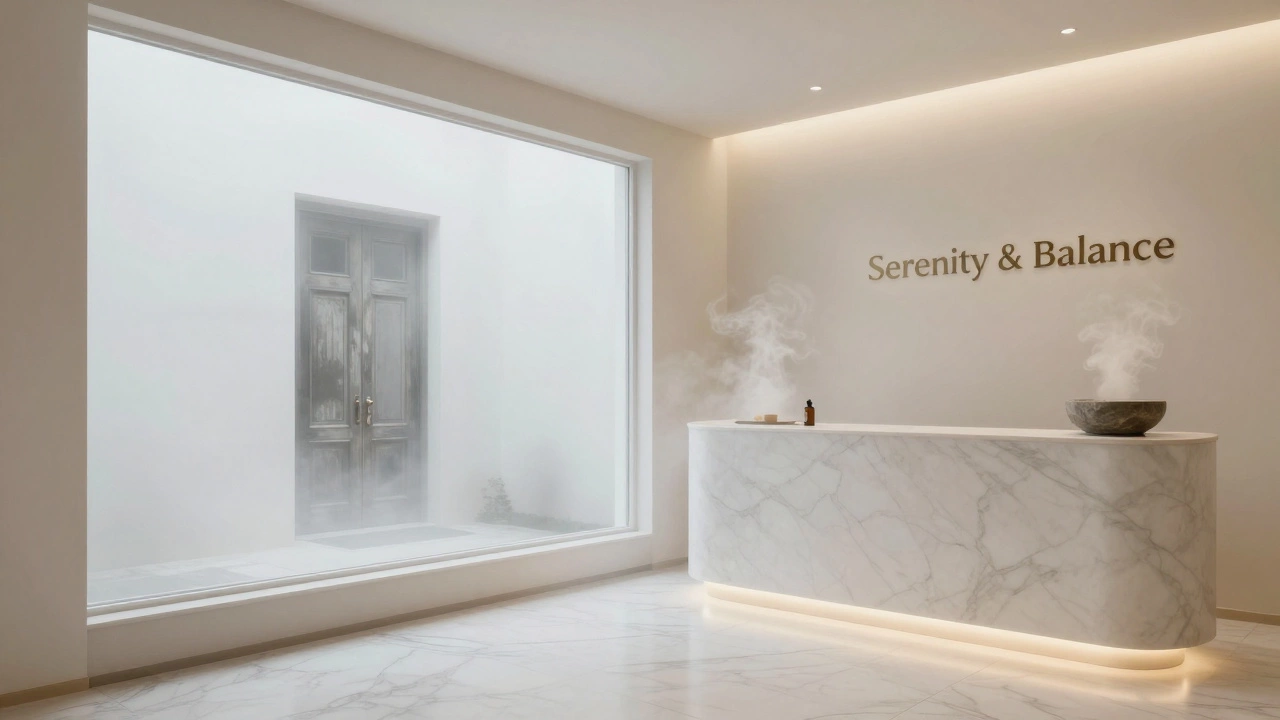 A luxurious wellness spa where an old adult venue once stood, with a faint ghostly outline of the original door.