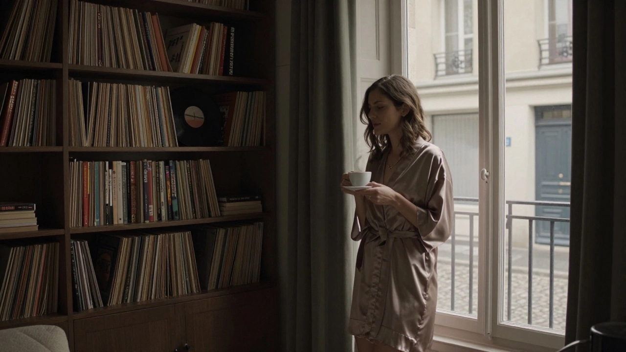 An elegant woman stands by a window in a quiet Paris apartment, holding coffee.