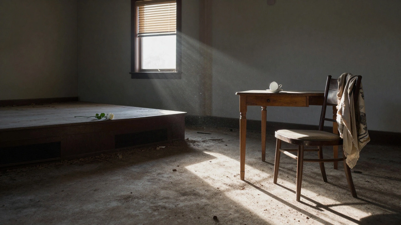 An empty room with a white rose on a stage, a teacup overturned, and sunlight filtering through broken blinds.