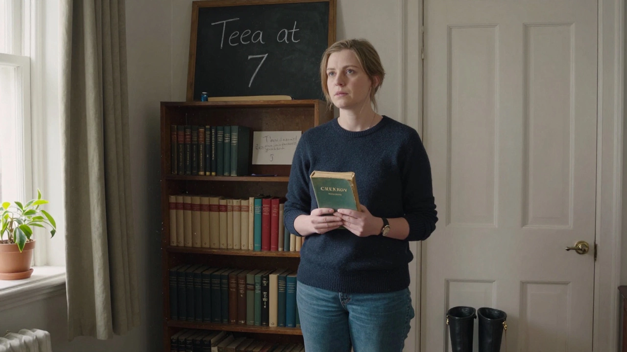 An independent companion in London holds a classic Russian novel in her cozy, unadorned flat.