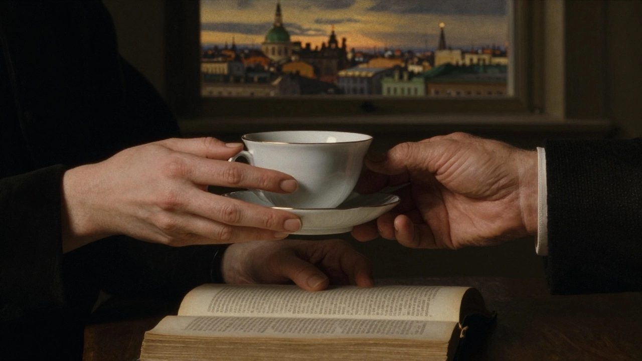 Hands exchange a teacup while turning a page of a book, symbolizing quiet trust and connection.