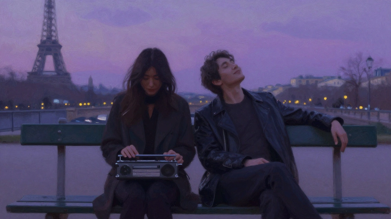 Two people sit together on a park bench at twilight, sharing a moment of quiet connection.